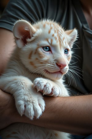 realistic photo ,A little WHITE LION tightly hugs a person's arm with its paws,Midjourney_Whisper