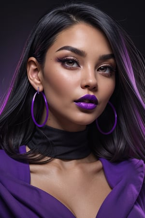 a beautiful female model, a beautiful young woman with long, flowing black hair. She has a prominent gaze directed upwards, and her facial features are accentuated with bold purplelipstick. She wears large hoop earrings and is draped in a purple garment. The artwork is rendered in a mix of grayscale and vibrant purple, with the background being predominantly white.