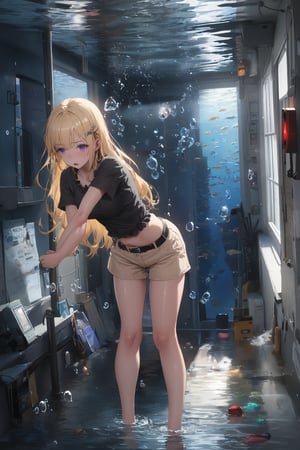 ((“Full body”))ChopioAyase, long hair, blond, shiny hair, purple eyes, hair clip, ((Anime Style)), (background is room),  (“aquarium”), (("myself in a giant aquarium reaching and struggling desperately")), ((“myself in an aquarium”)), light purple, (diary), ((Barefoot)), black shirt, frilly shirt, short sleeves, black belt, beige shorts, living room, standing, (alone), (lonely), (lonely), (desperate), (foot-deep in saltwater), choking, bubbling, masterpiece, best, high quality, high quality Short Sleeve, Black Belt, Beige Shorts, Living, Standing, Alone, Lonely, Desperate, Foot-deep in Seawater, (Choking),(("Very distressed!")), (("Bubbles"1.5)), Masterpiece, Best, High Quality, High Quality Anime, Very cute, Beautiful work, Detailed eyes, Beauty of face, Beautiful girl, 4K, High Quality, Anime Style, (“Realistic” 1.5), (Powerful), (Fantastic), (Cell Phone Sinking Underwater), ((Body Sinking Underwater)), (("Milk")), (("Cassette Tape")), (Pedestrian Traffic Signal Light Sinking Underwater, ((Window)), ("Reaching out desperately")
