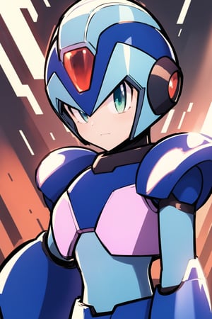 X_megamanX, solo, 1boy, male focus, helmet, android, (blue armor), green eyes, masterpiece, high quality, dynamic_pose, cowbot_shot,