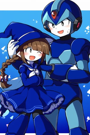 masterpiece, best quality, highres, ultra-detailed, double arm hug, love triangle ADDCOMM 1girl, (wadanohara), blue dress, blue hat, :d, happy face, size difference, ADDCOL 1boy, (X), male focus, helmet, android, blue armor, arm cannon, embarrassed,