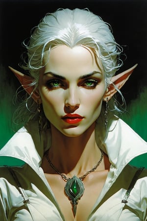 Lyrael, the Great Wolf, an intimidating female elf criminal and thug, light grey hair, emerald green eyes, high cheekbones, delicate features, thin lips, very pale white skin, evil-looking; north-african, barbaric, art by moebius and mike mignola