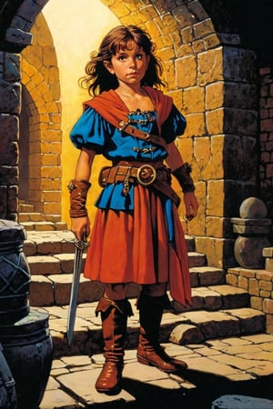 art by Mike Mignola and Larry Elmore,  Cynical female tourist halfling with Brown eyes, Brown hair, Tanned skin, Round Face, and Large Eyes, colorful clothing in a dungeon