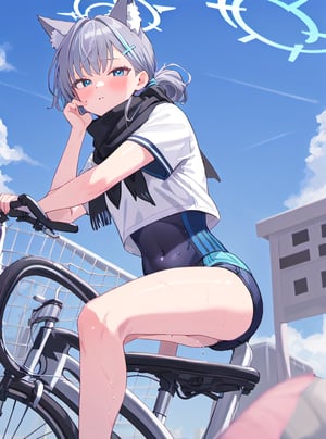 1girl, solo, blush, blue_archive, shiroko (blue archive), hair_pin, gray_hair, blue_eyes, cute, wet, medium hair, school_uniform, white socks, sneakers, short sleeves, official alternate costume, cycling uniform, bike shorts,bike jersey, swimsuit,piece swimsuit, one, multicolored swimsuit, multicolored clothes, low ponytail, covered navel, competition swimsuit,black one, scarf, skirt, school uniform, checkered skirt,checkered clothes, wolf ears, halo, hairpin, hair ornament, grey hair, blue eyes, animal ears