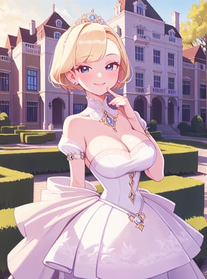 Pretty and charming girl. She wears a very elegant noblewoman oufit. She is a very cute girl. Hyperdetailing masterpiece, hyperdetailing skin, masterpiece quality, with 4k resolution. Charming smile. Short hair, himecut hairstyle, blonde hair. Mansion in background. She belongs to the nobility. bun hairstyle. tender and charming smile.