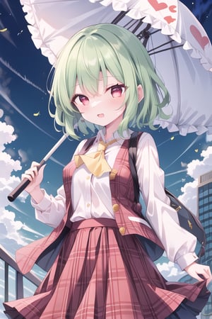 1girl, green hair, kazami yuuka, short hair, red eyes, long sleeves, white shirt, collared shirt, vest, plaid, buttons, red skirt, holding parasol, plaid skirt, skirt set, long skirt, yellow ascot, plaid vest, open vest, shirt, 