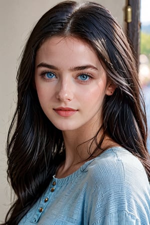 Prompt: masterpiece, high quality realistic, young 20 years old gorgeous girl, detailed face ,detailed eye , long black hair , light blue eyes ,light smile, full size photo,face toward viewer , wear causal clothes,photo real,