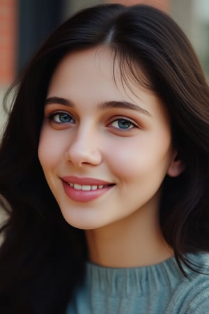 Prompt: masterpiece, high quality realistic, young 20 years old gorgeous girl, detailed face ,detailed eye , long black hair , light blue eyes ,light smile, full size photo,face toward viewer , wear causal clothes,photo real,