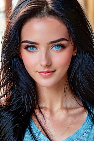 Prompt: masterpiece, high quality realistic, young 20 years old gorgeous girl, detailed face ,detailed eye , long black hair , light blue eyes ,light smile, full size photo,face toward viewer , wear causal clothes,photo real,