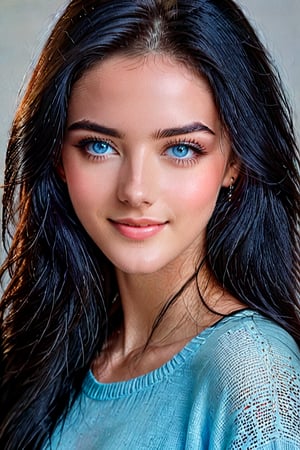 Prompt: masterpiece, high quality realistic, young 20 years old gorgeous girl, detailed face ,detailed eye , long black hair , light blue eyes ,light smile, full size photo,face toward viewer , wear causal clothes,photo real,