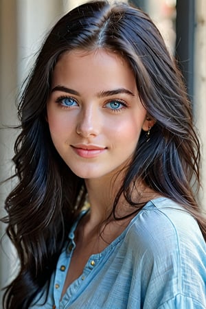 Prompt: masterpiece, high quality realistic, young 20 years old gorgeous girl, detailed face ,detailed eye , long black hair , light blue eyes ,light smile, full size photo,face toward viewer , wear causal clothes,photo real,