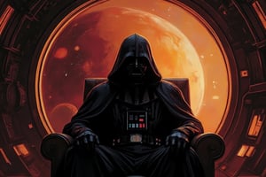 front view of Emperor Palpatine Darth Sidius from movie Star Wars in a black cloak, in a black hood. He simple sits on throne inside thrones hall in spaceship. Wide bigest porthole with Space and circle of Mars planet panorama.
Cinematic Hollywood style, professional quality, high resolution screen quality, high detail, quality of a professional movie.,Spooky  Art Drawing