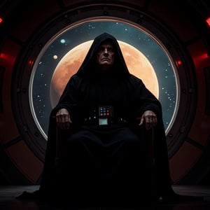 front view of Emperor Palpatine Darth Sidious from movie Star Wars in a black cloak, in a black hood. He simple sits on throne inside thrones hall in spaceship. Wide bigest porthole with Space and circle of Mars planet panorama.
Cinematic Hollywood style, professional quality, high resolution screen quality, high detail, quality of a professional movie.