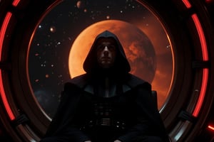 front view of Emperor Palpatine Darth Sidius from movie Star Wars in a black cloak, in a black hood. He simple sits on throne inside thrones hall in spaceship. Wide bigest porthole with Space and circle of Mars planet panorama.
Cinematic Hollywood style, professional quality, high resolution screen quality, high detail, quality of a professional movie. 