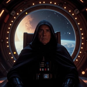 front view of Emperor Palpatine Darth Sidius from movie Star Wars in a black cloak, in a black hood. He simple sits on throne inside thrones hall in spaceship. Wide bigest porthole with Space and circle of Mars planet panorama.
Cinematic Hollywood style, professional quality, high resolution screen quality, high detail, quality of a professional movie.