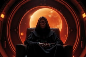 front view of Emperor Palpatine Darth Sidius from movie Star Wars in a black cloak, in a black hood. He simple sits on throne inside thrones hall in spaceship. Wide bigest porthole with Space and circle of Mars planet panorama.
Cinematic Hollywood style, professional quality, high resolution screen quality, high detail, quality of a professional movie.