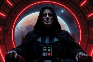 front view of Emperor Palpatine Darth Sidius from movie Star Wars in a black cloak, in a black hood. He simple sits on throne inside thrones hall in spaceship. Wide bigest porthole with Space and circle of Mars planet panorama.
Cinematic Hollywood style, professional quality, high resolution screen quality, high detail, quality of a professional movie.,Spooky  Art Drawing