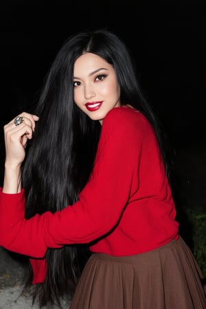 Close-up shot of a woman with long, flowing black hair and piercing black eyes. She's gazing directly at the viewer, her full lips subtly curved into a gentle smile. Her outfit consists of a bold red sweater, paired with a brown skirt that falls just above her knees. Long sleeves cover her arms, adorned with delicate jewelry. A ring gleams on her finger as she leans forward, her posture exuding confidence and elegance. The outdoor setting is shrouded in darkness, with a blurry background allowing the viewer's focus to remain solely on the subject. Her gaze seems almost hypnotic, drawing the eye into the photorealistic image.