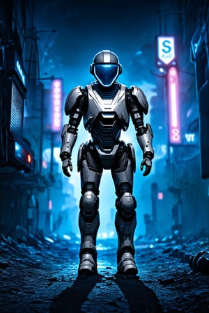 A futuristic sci-fi warrior stands tall in a dark, gritty urban landscape, clad in realistic power armor adorned with metallic plating and glowing blue cables. A silver helmet with a visor-like gaze and prominent shoulder pads adds to the overall armored appearance. The surrounding cityscape is dimly lit by flickering neon signs, casting long shadows on the dusty streets.