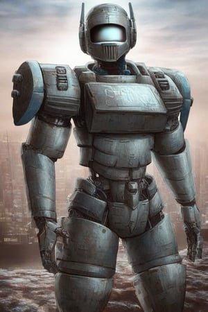 A futuristic sci-fi warrior stands tall in a dark, gritty urban landscape, clad in realistic power armor adorned with metallic plating and glowing blue cables. A silver helmet with a visor-like gaze and prominent shoulder pads adds to the overall armored appearance. The surrounding cityscape is dimly lit by flickering neon signs, casting long shadows on the dusty streets.