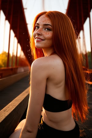 In a warm, golden light, a majestic woman sits serenely, her vibrant red locks cascading down her back like a fiery waterfall. Her long hair frames her face, highlighting her piercing brown eyes that gaze directly at the viewer with quiet intensity. Her bare shoulders and upper body glisten softly, accentuating the subtle curves of her skin as she presents herself in a gentle, inviting pose. Freckles sprinkle across the bridge of her nose, and her lips curve into a soft, enigmatic smile, all rendered in breathtaking 8K resolution with photorealistic precision.