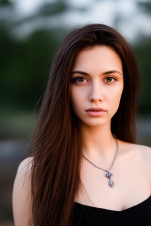 A stunning 4K masterpiece captures a woman with long, richly textured brown hair cascading down her back, as she gazes directly at the viewer. Her brown eyes sparkle beneath parted lips, where a subtle hint of lip gloss catches the light. A delicate necklace adorns her neck, drawing the eye to its intricate details. The background is intentionally blurry, creating depth and focus on the subject, while the photorealistic portrait showcases her natural beauty amidst an outdoor setting.