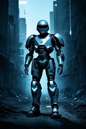 A futuristic sci-fi warrior stands tall in a dark, gritty urban landscape, clad in realistic power armor adorned with metallic plating and glowing blue cables. A silver helmet with a visor-like gaze and prominent shoulder pads adds to the overall armored appearance. The surrounding cityscape is dimly lit by flickering neon signs, casting long shadows on the dusty streets.