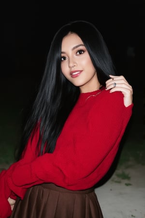 Close-up shot of a woman with long, flowing black hair and piercing black eyes. She's gazing directly at the viewer, her full lips subtly curved into a gentle smile. Her outfit consists of a bold red sweater, paired with a brown skirt that falls just above her knees. Long sleeves cover her arms, adorned with delicate jewelry. A ring gleams on her finger as she leans forward, her posture exuding confidence and elegance. The outdoor setting is shrouded in darkness, with a blurry background allowing the viewer's focus to remain solely on the subject. Her gaze seems almost hypnotic, drawing the eye into the photorealistic image.