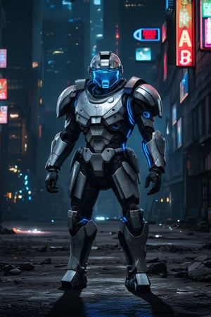 A futuristic sci-fi warrior stands tall in a dark, gritty urban landscape, clad in realistic power armor adorned with metallic plating and glowing blue cables. A silver helmet with a visor-like gaze and prominent shoulder pads adds to the overall armored appearance. The surrounding cityscape is dimly lit by flickering neon signs, casting long shadows on the dusty streets.