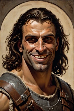 Portrait of a Smiling male medieval Barbarian human with Brown eyes, Brown hair, Normal skin, Hooked nose, Overbite and Pointed Ears, art by Gerald Brom and el greco
