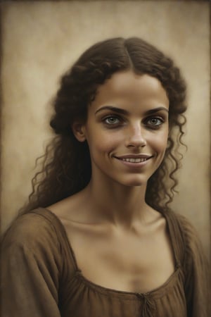 Portrait of a Amused female medieval north-african human with Brown eyes, Brown hair, Normal skin, Large Ears, and High Forehead, art by jock sturges and paolo roversi
