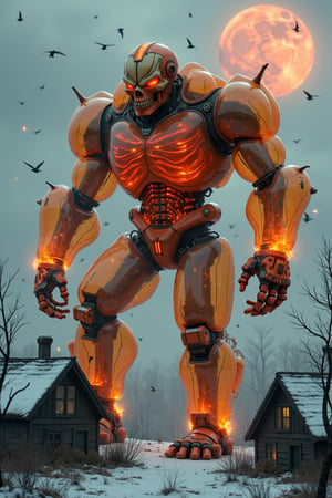 Full picture of a cyberpunk colossal muscular male mecha mechanx,FuturEvoLabMecha, made of transluncent orange glass with rusty metal joints, his filled with orange lava and is possible to see his amber glowing skeleton through his transparency, his skull head have red eyes in fire. His sitting on the rooftop of a small house in a futuristic village in ruin and ashes. His absurd size it's evident when compared to the small houses arround her. The sky is gray with crows flying in the sky, the big full moon in the sky are red, the dead trees didn't survive the strong snowing long winter. High quality cinematic picture with great attention to detail and vibrant colors.