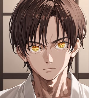 score_9,1boy, men, solo, teenager, (face view),  dark brown hair, baggy eyes  (ringed eyes, yellow eyes, Beautiful eyes, muscular arms, defined body), (masterpiece, best quality, modell, official art, beautiful and aesthetic:1.2), dark colors, kimono, hayato gokudera, 