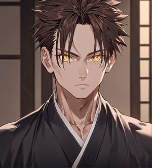 score_9,1boy, men, solo, 17 years old, (face view),  dark brown hair, baggy eyes  (ringed eyes, yellow eyes, Beautiful eyes, muscular arms, defined body), (masterpiece, best quality, modell, official art, beautiful and aesthetic:1.2), dark colors, kimono, hayato gokudera, 