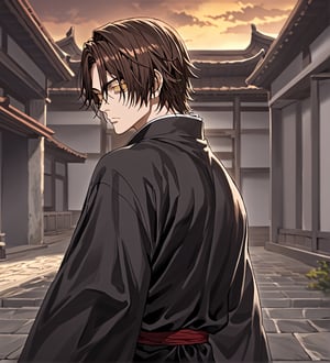 score_9,1boy, men, solo, 19 years old, (back view),  dark brown hair, baggy eyes  (ringed eyes, yellow eyes, Beautiful eyes, normal muscular muscular arms, defined body), (masterpiece, best quality, modell, official art, beautiful and aesthetic:1.2), dark colors, kimono, hayato gokudera, outdoors