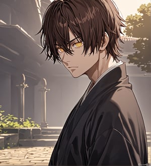 score_9,1boy, men, solo, 17 years old, (side view),  dark brown hair, baggy eyes  (ringed eyes, yellow eyes, Beautiful eyes, muscular arms, defined body), (masterpiece, best quality, modell, official art, beautiful and aesthetic:1.2), dark colors, kimono, hayato gokudera, outdoors