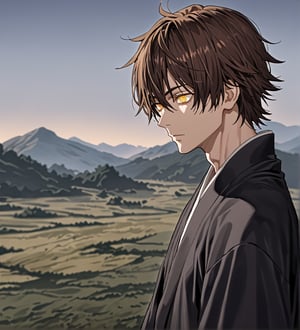 score_9,1boy, men, solo, 17 years old, (side view),  dark brown hair, baggy eyes  (ringed eyes, yellow eyes, Beautiful eyes, muscular arms, defined body), (masterpiece, best quality, modell, official art, beautiful and aesthetic:1.2), dark colors, kimono, hayato gokudera, outdoors