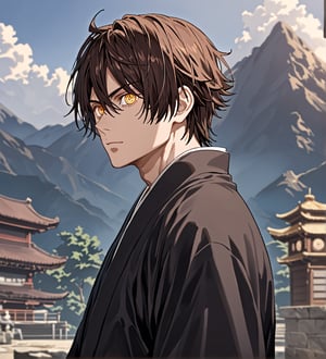 score_9,1boy, men, solo, 17 years old, (side view),  dark brown hair, baggy eyes  (ringed eyes, yellow eyes, Beautiful eyes, muscular arms, defined body), (masterpiece, best quality, modell, official art, beautiful and aesthetic:1.2), dark colors, kimono, hayato gokudera, outdoors