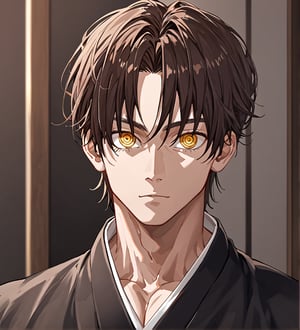 score_9,1boy, men, solo, 17 years old, (face view),  dark brown hair, baggy eyes  (ringed eyes, yellow eyes, Beautiful eyes, muscular arms, defined body), (masterpiece, best quality, modell, official art, beautiful and aesthetic:1.2), dark colors, kimono, hayato gokudera, 