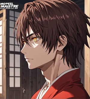 score_9,1boy, men, solo, (side view),  dark brown hair, baggy eyes  (ringed eyes, yellow eyes, Beautiful eyes, normal muscular muscular arms, defined body), (masterpiece, best quality, modell, official art, beautiful and aesthetic:1.2), dark colors, kimono, hayato gokudera, outdoors