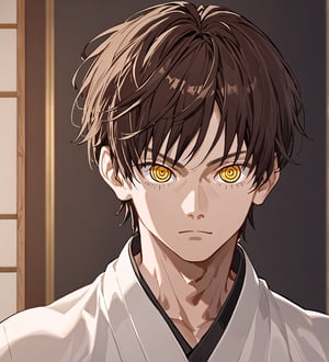 score_9,1boy, men, solo, teenager, (face view),  dark brown hair, baggy eyes  (ringed eyes, yellow eyes, Beautiful eyes, muscular arms, defined body), (masterpiece, best quality, modell, official art, beautiful and aesthetic:1.2), dark colors, kimono, hayato gokudera, 