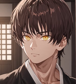 score_9,1boy, men, solo, teenager, (face view),  dark brown hair, baggy eyes  (ringed eyes, yellow eyes, Beautiful eyes, muscular arms, defined body), (masterpiece, best quality, modell, official art, beautiful and aesthetic:1.2), dark colors, kimono, hayato gokudera, 