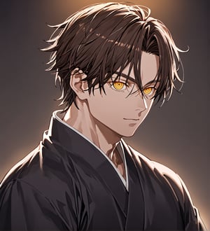 score_9,1boy, men, solo, 17 years old, (face view),  dark brown hair, baggy eyes  (ringed eyes, yellow eyes, Beautiful eyes, muscular arms, defined body), (masterpiece, best quality, modell, official art, beautiful and aesthetic:1.2), dark colors, kimono, hayato gokudera, 