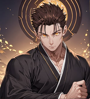 score_9,1boy, men, solo, 17 years old, (face view),  dark brown hair, baggy eyes  (ringed eyes, yellow eyes, Beautiful eyes, muscular arms, defined body), (masterpiece, best quality, modell, official art, beautiful and aesthetic:1.2), dark colors, kimono, hayato gokudera, 