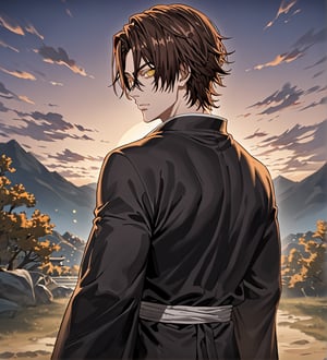 score_9,1boy, men, solo, 19 years old, (back view),  dark brown hair, baggy eyes  (ringed eyes, yellow eyes, Beautiful eyes, normal muscular muscular arms, defined body), (masterpiece, best quality, modell, official art, beautiful and aesthetic:1.2), dark colors, kimono, hayato gokudera, outdoors