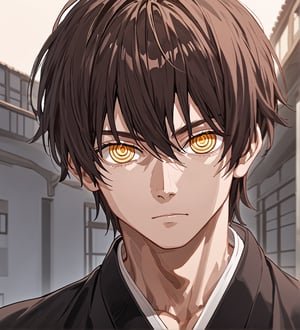 score_9,1boy, men, solo, 17 years old, (face view),  dark brown hair, baggy eyes  (ringed eyes, yellow eyes, Beautiful eyes, muscular arms, defined body), (masterpiece, best quality, modell, official art, beautiful and aesthetic:1.2), dark colors, kimono, hayato gokudera, outdoors