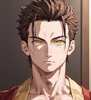 score_9,1boy, men, solo, 17 years old, (face view),  dark brown hair, baggy eyes  (ringed eyes, yellow eyes, Beautiful eyes, muscular arms, defined body), (masterpiece, best quality, modell, official art, beautiful and aesthetic:1.2), dark colors, kimono, hayato gokudera, 