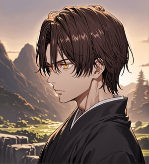 score_9,1boy, men, solo, 17 years old, (side view),  dark brown hair, baggy eyes  (ringed eyes, yellow eyes, Beautiful eyes, muscular arms, defined body), (masterpiece, best quality, modell, official art, beautiful and aesthetic:1.2), dark colors, kimono, hayato gokudera, outdoors