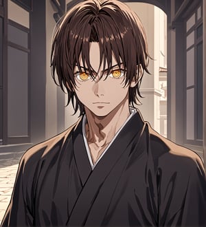 score_9,1boy, men, solo, 25 years old, (face view),  dark brown hair, baggy eyes  (ringed eyes, yellow eyes, Beautiful eyes, muscular arms, defined body), (masterpiece, best quality, modell, official art, beautiful and aesthetic:1.2), dark colors, kimono, hayato gokudera, outdoors