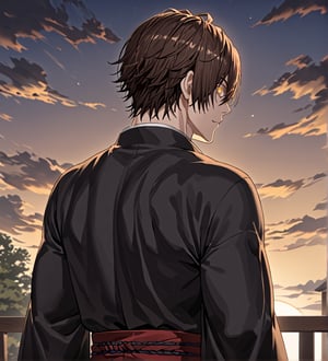 score_9,1boy, men, solo, 19 years old, (back view),  dark brown hair, baggy eyes  (ringed eyes, yellow eyes, Beautiful eyes, normal muscular muscular arms, defined body), (masterpiece, best quality, modell, official art, beautiful and aesthetic:1.2), dark colors, kimono, hayato gokudera, outdoors